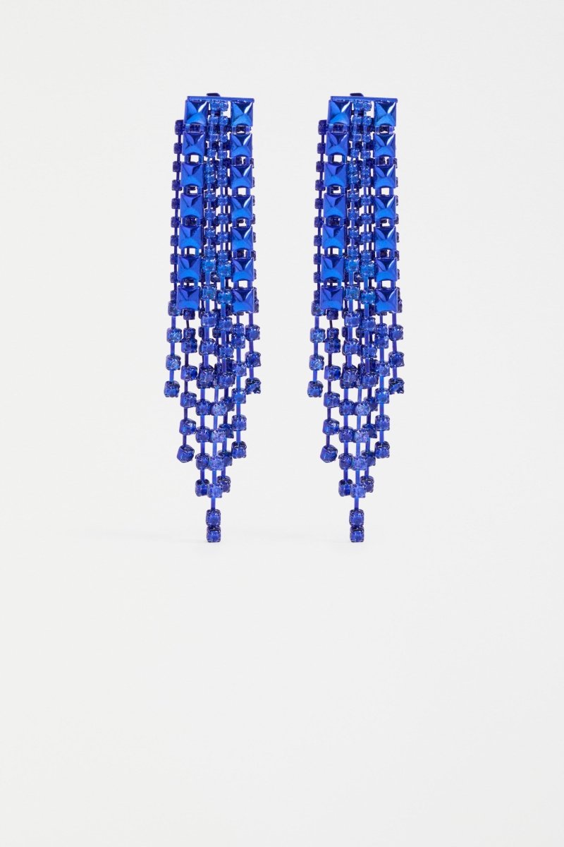 The Rutor Earring features dramatic long drops with tonal diamante chains and metallic studs in varied lengths for high-impact shine ELK | COBALT