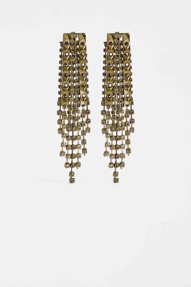 The Rutor Earring features dramatic long drops with tonal diamante chains and metallic studs in varied lengths for high-impact shine ELK | OLIVE