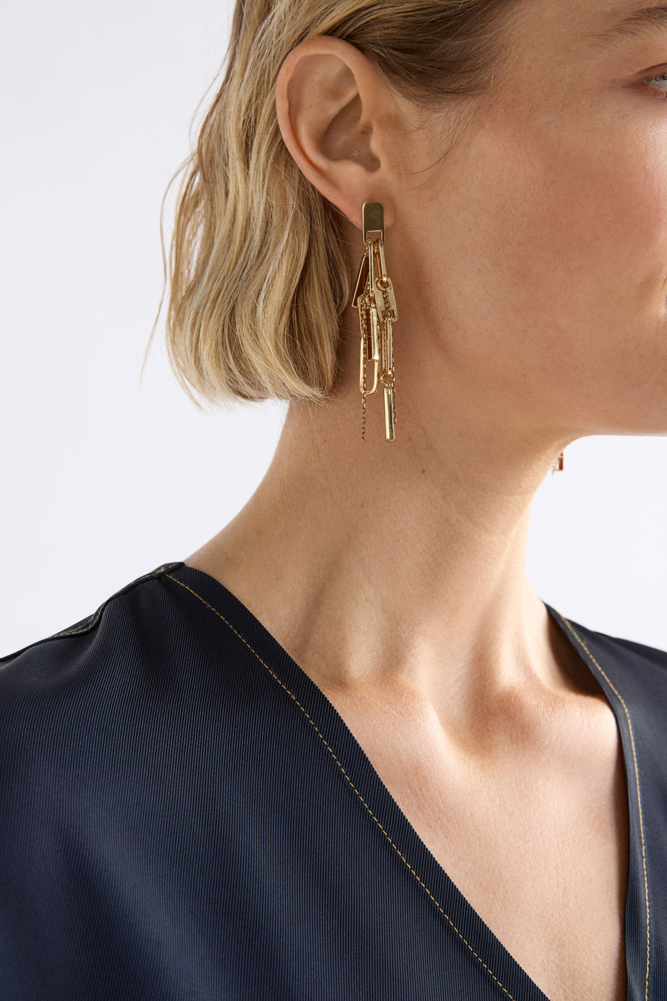 Rymi Multi Chain Statement Drop Earring Model Crop | GOLD