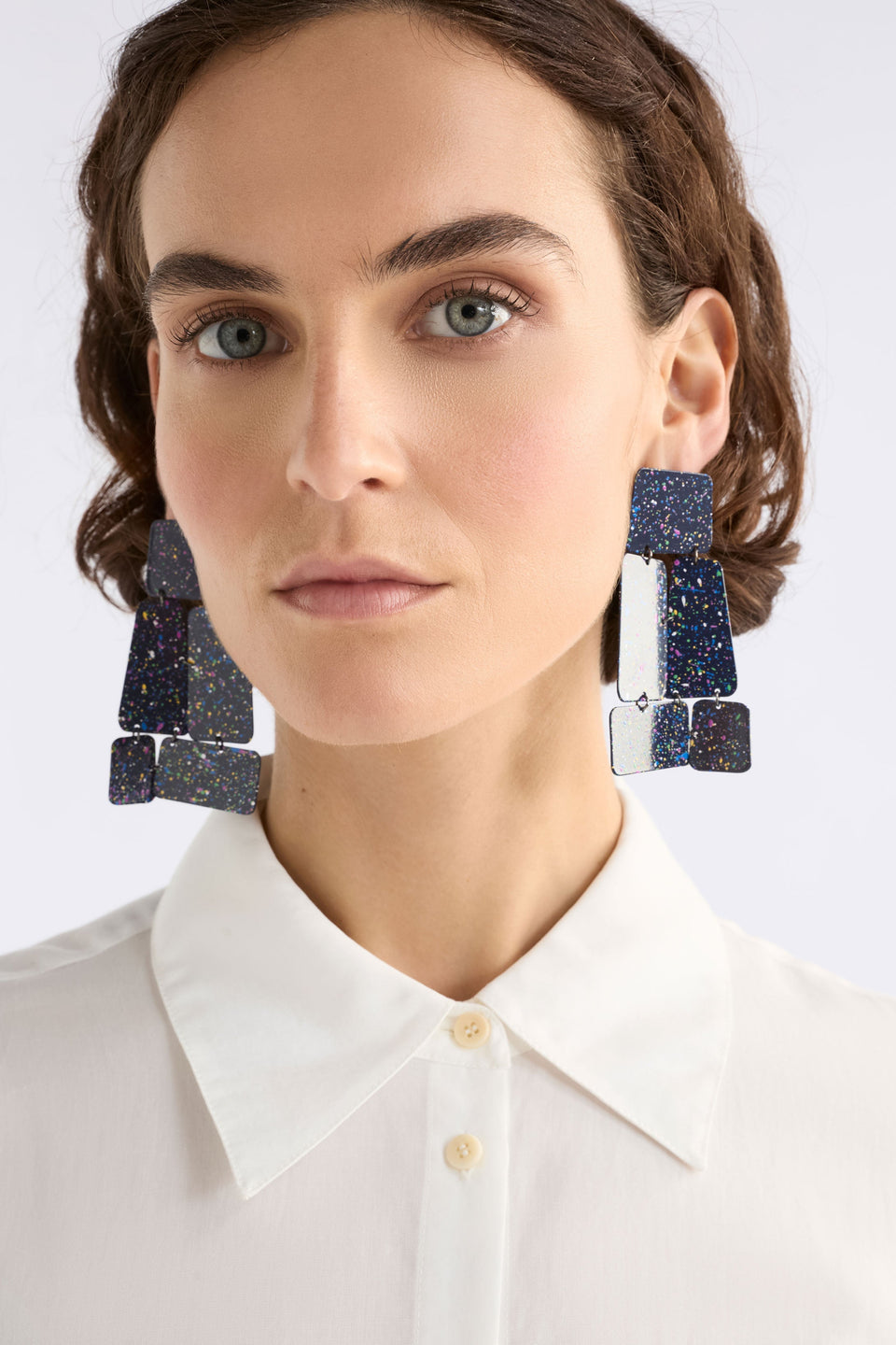 Oban Large Speckled Statement Drop Earring On Model | GOLD