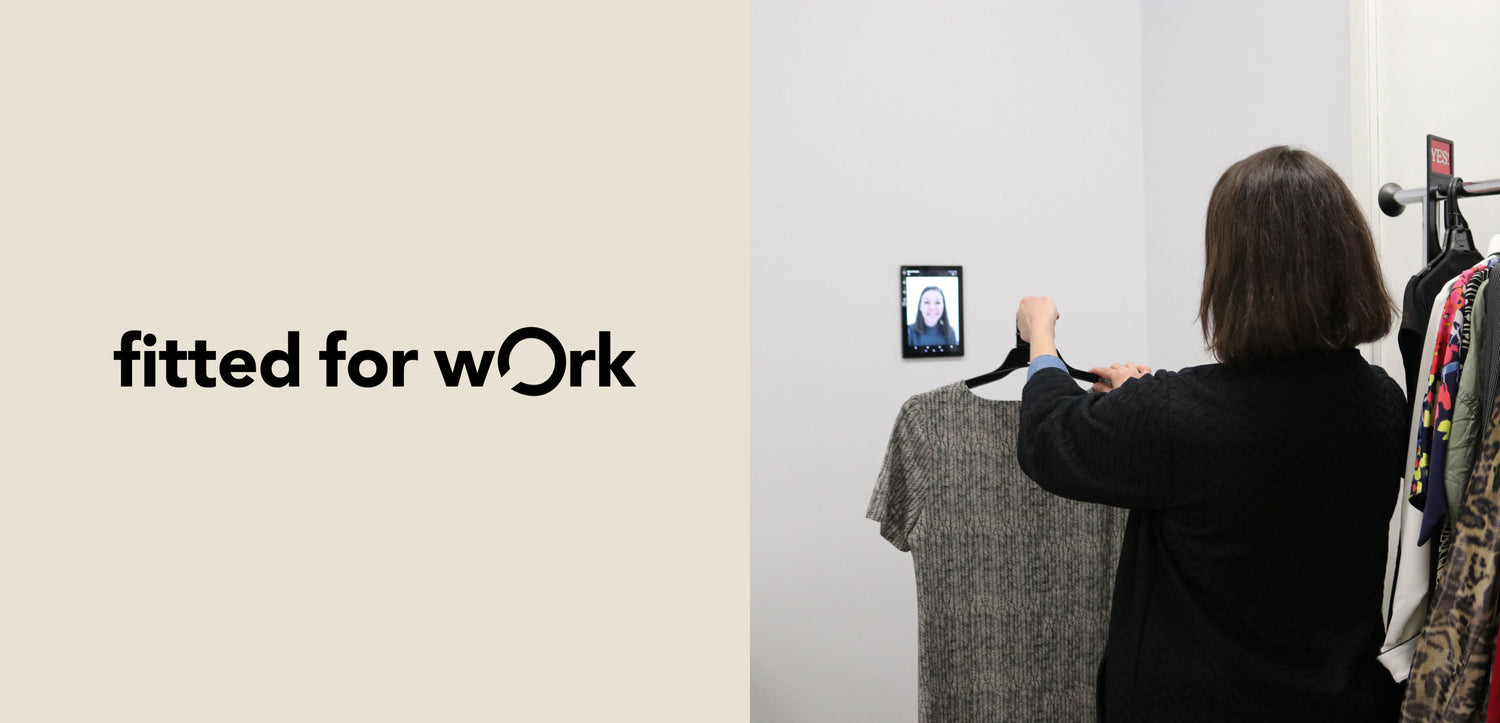 Logo of Fitted for Work alongside a woman selecting professional clothing during a virtual styling session in a dressing room