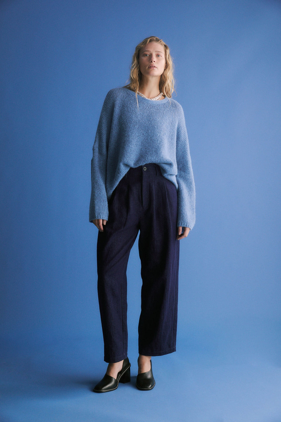 Agna Relaxed Box Fit Alpaca Yarn Knit Sweater Model Front Full Body Campaign | CHAMBRAY