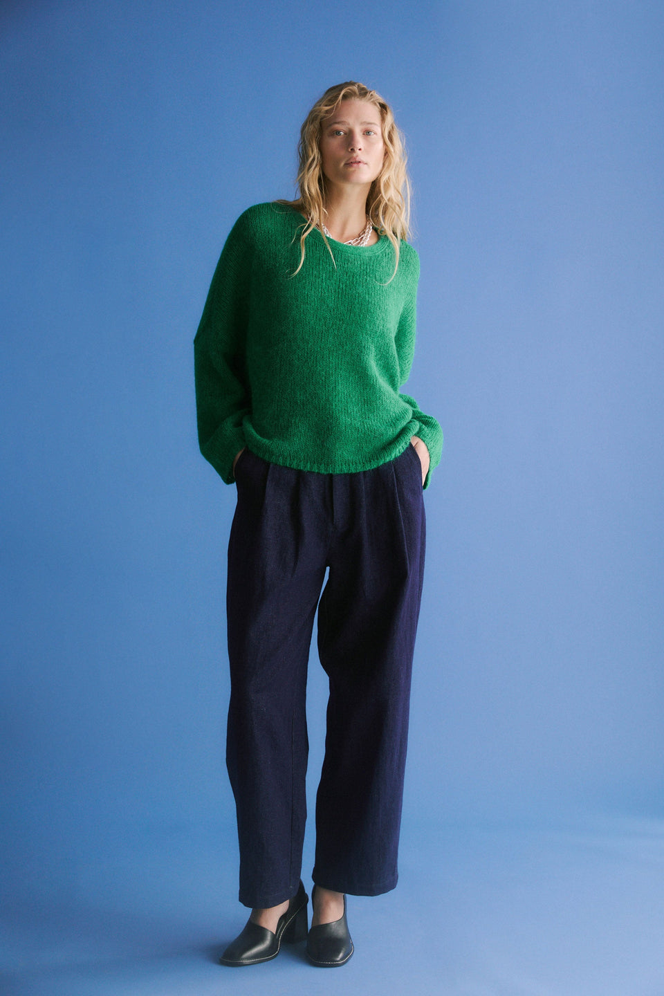 Agna Relaxed Box Fit Alpaca Yarn Knit Sweater Model Front Full Body Campaign | MILAN GREEN