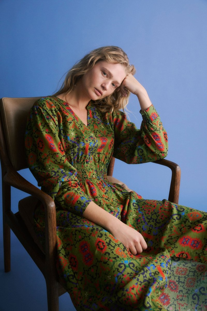 Norsk Long Sleeve Shirred Waist V-Neck Print Midi Dress Campaign Model Front | RENDA PRINT