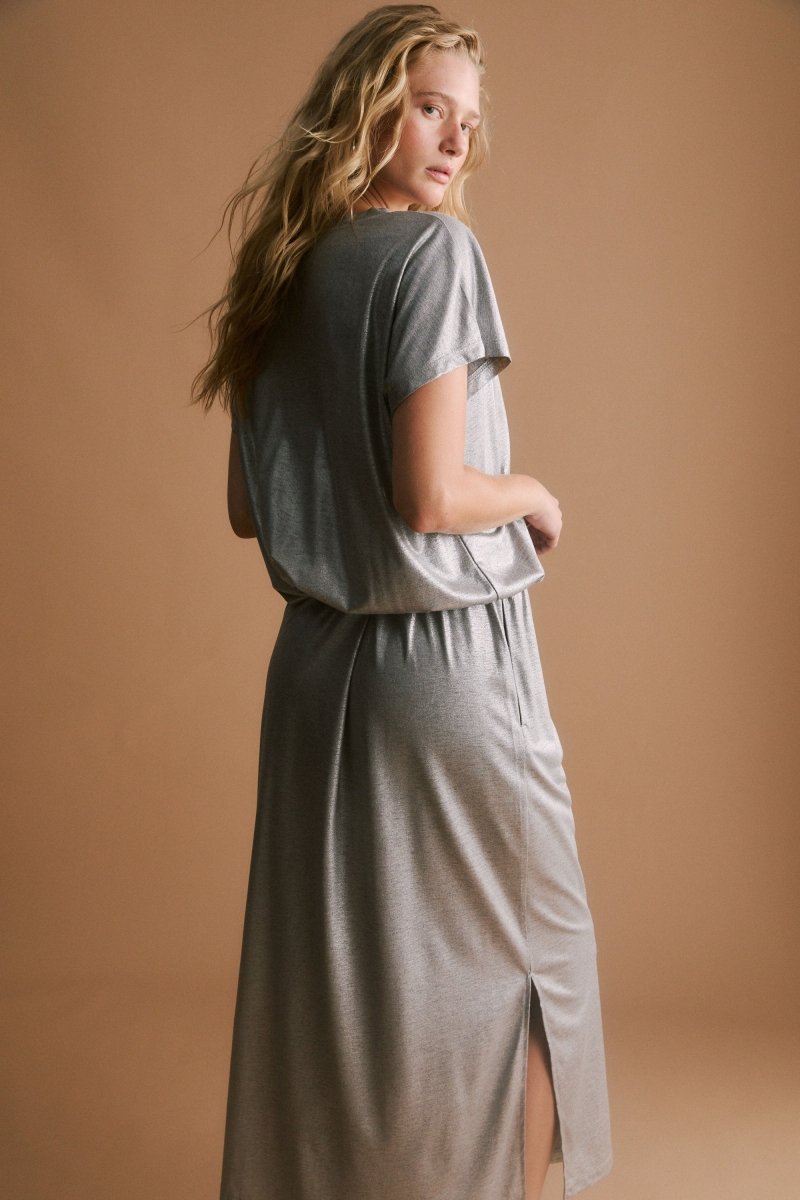 Maail Elastic Waist Metallic Silver Jersey Midi Skirt Campaign Model back | SILVER