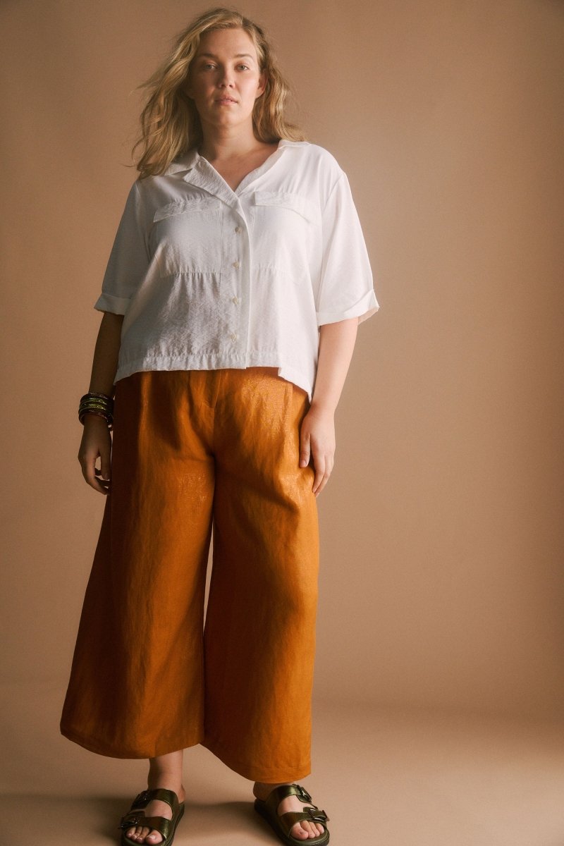 Jopa Copper Metallic High Waisted Wide Leg Linen Pant Curve Model Campaign front | COPPER