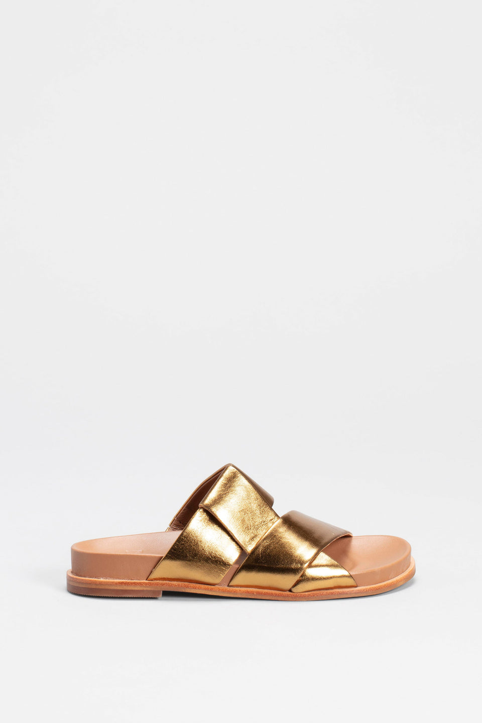 Uma Metallic Leather Cross Strap Slide Side | GOLD