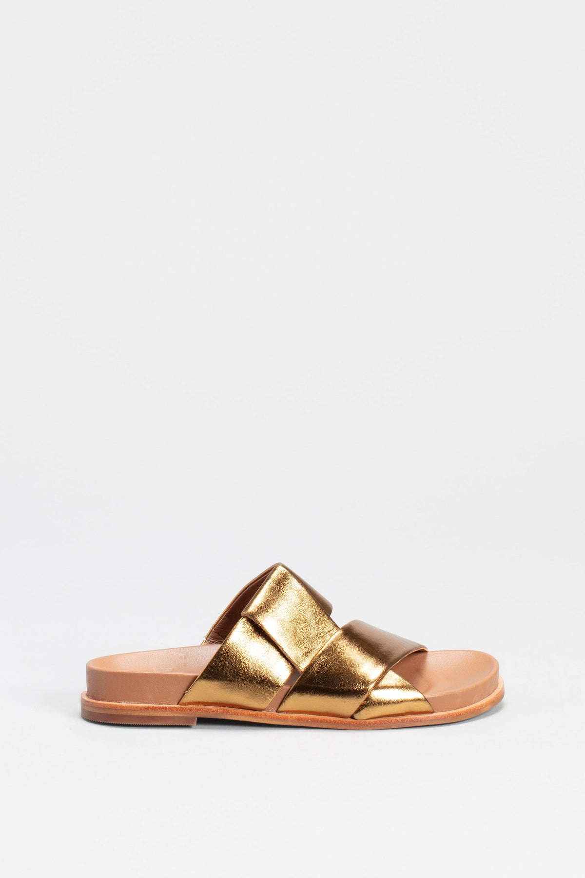 Uma Metallic Leather Cross Strap Slide Side | GOLD