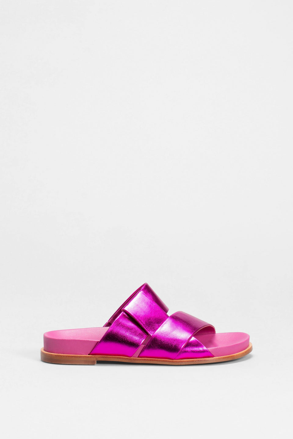 Uma Metallic Leather Cross Strap Slide Side | FUCHSIA
