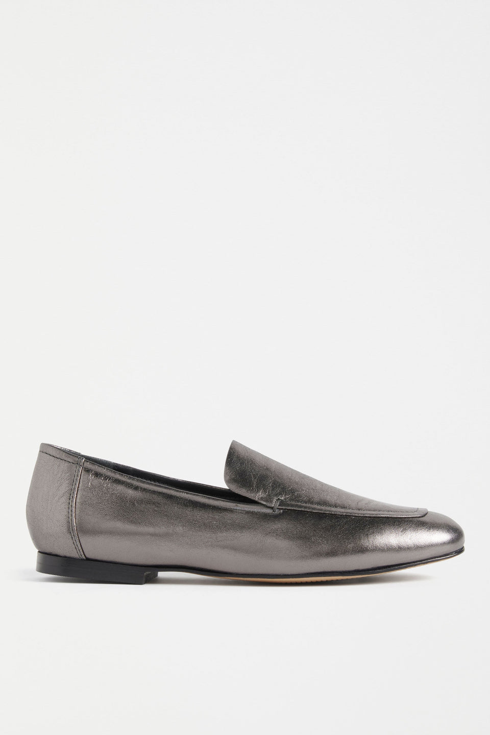 Clift Metallic Silver Leather Flat Loafer Side | GUNMETAL