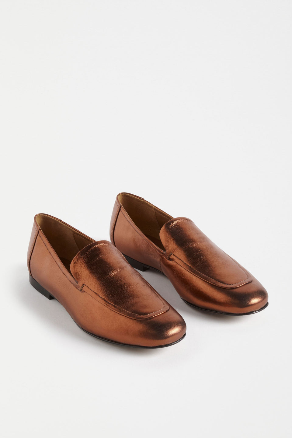 Clift Metallic Silver Leather Flat Loafer Angled Front | BRONZE
