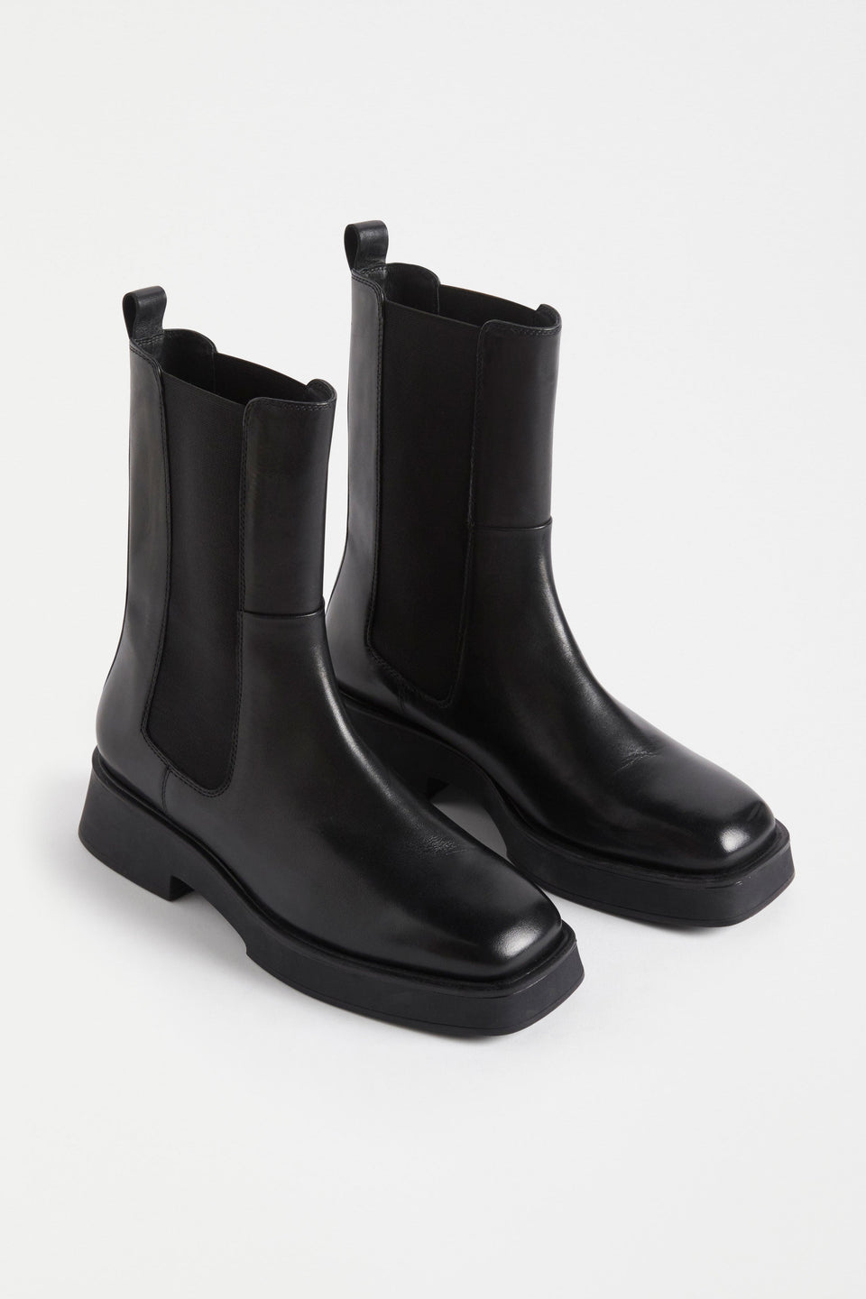 Irsa Square Toe Mid length Leather Chelsea Boot Angled Front | BLACK