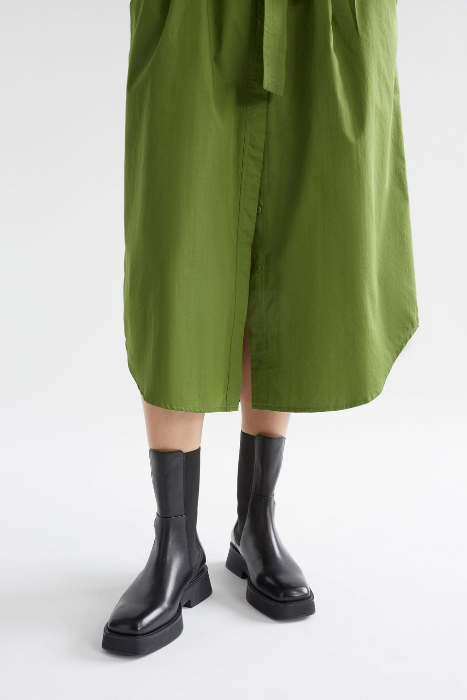 Irsa Square Toe Mid length Leather Chelsea Boot Model Angled Front zoomed out | BLACK