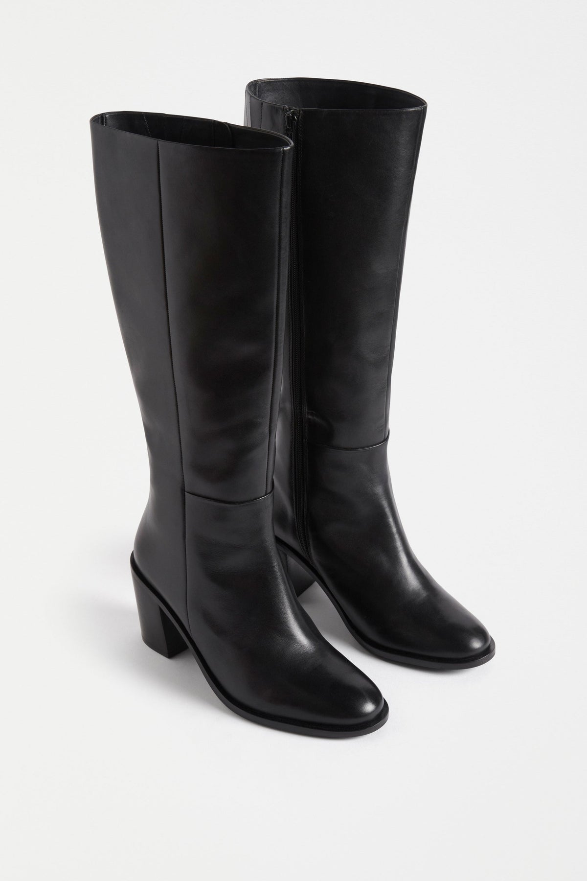 Jur Knee High Zip Up Leather Heeled Boot Angled Front | BLACK