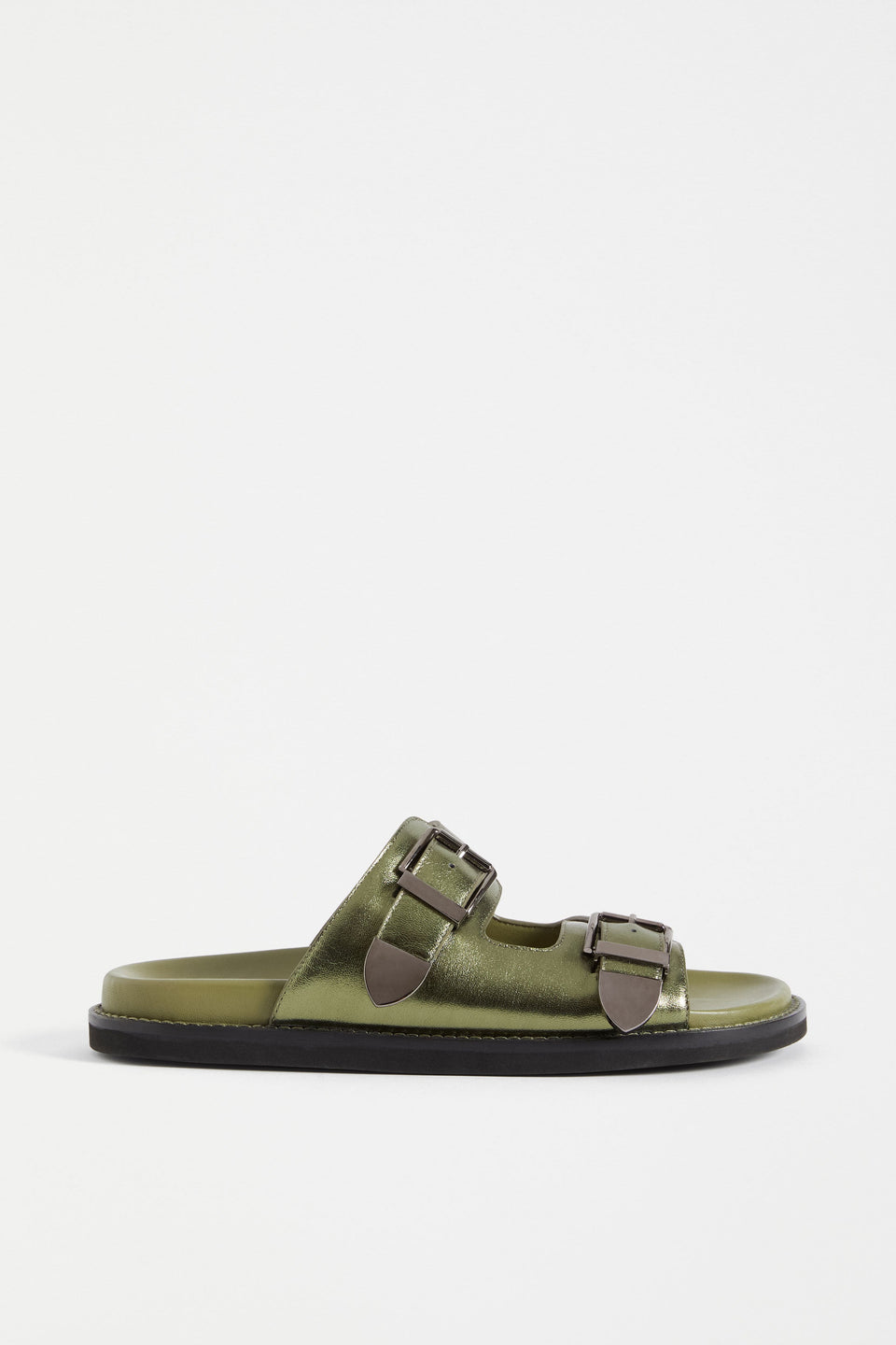 The Spenne Sandal features dual buckled foiled leather straps with tonal western hardware in a metallic slide design ELK | OLIVE