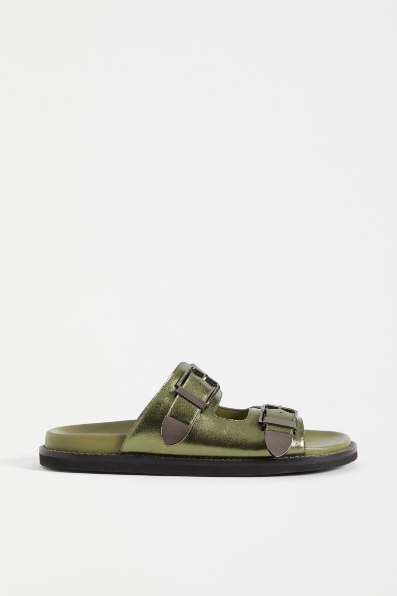 The Spenne Sandal features dual buckled foiled leather straps with tonal western hardware in a metallic slide design ELK | OLIVE