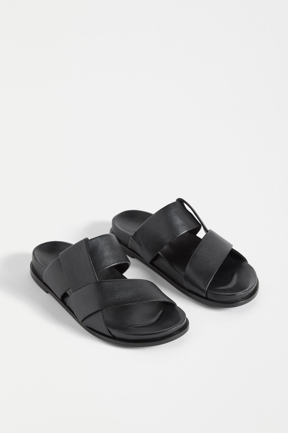 Uma Metallic Leather Cross Strap Slide Angled Front | BLACK