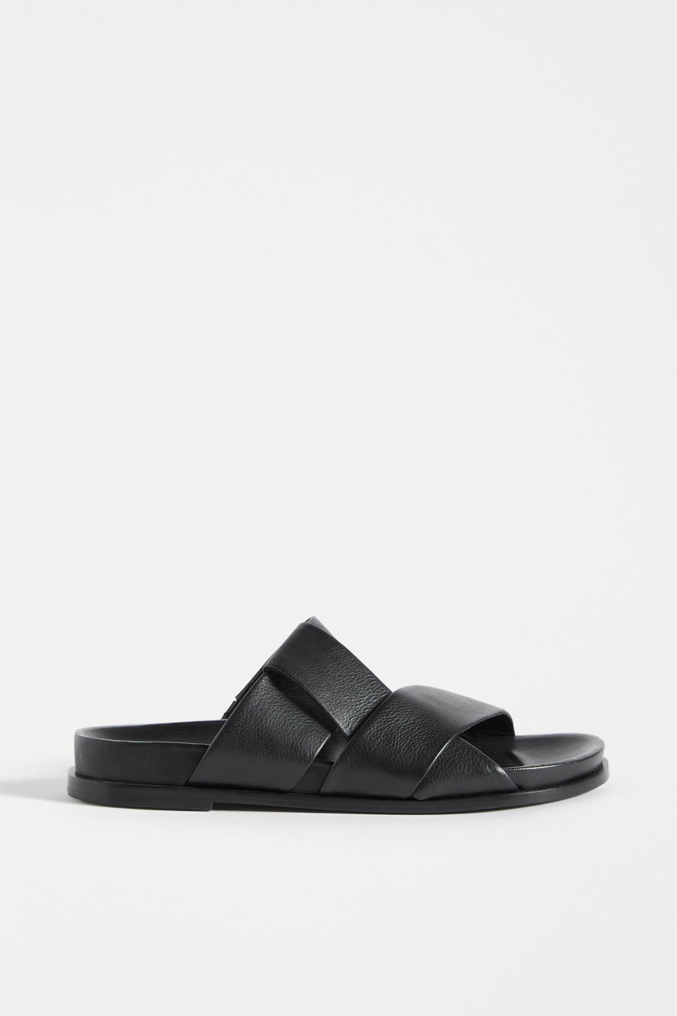 Uma Metallic Leather Cross Strap Slide Angled Side | BLACK