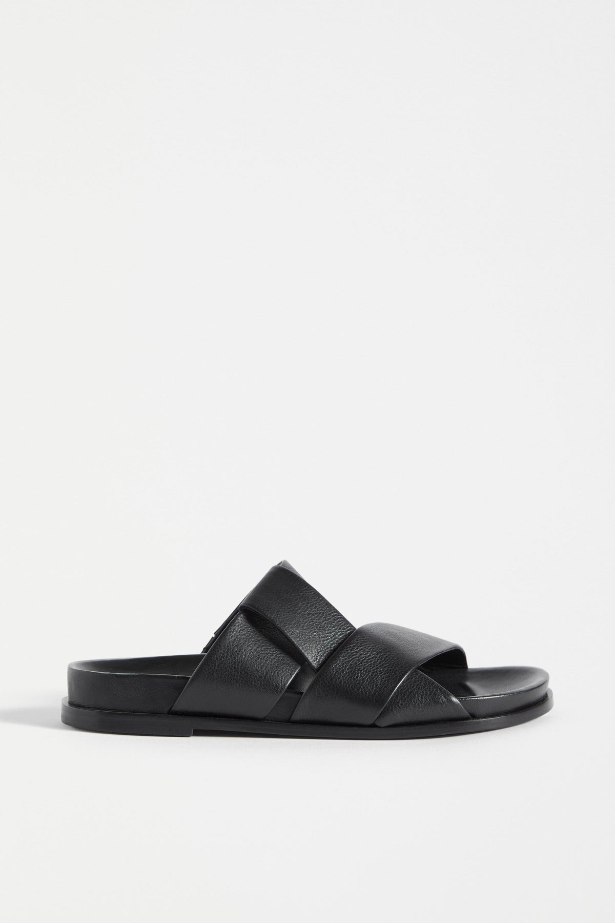 Uma Metallic Leather Cross Strap Slide Angled Side | BLACK