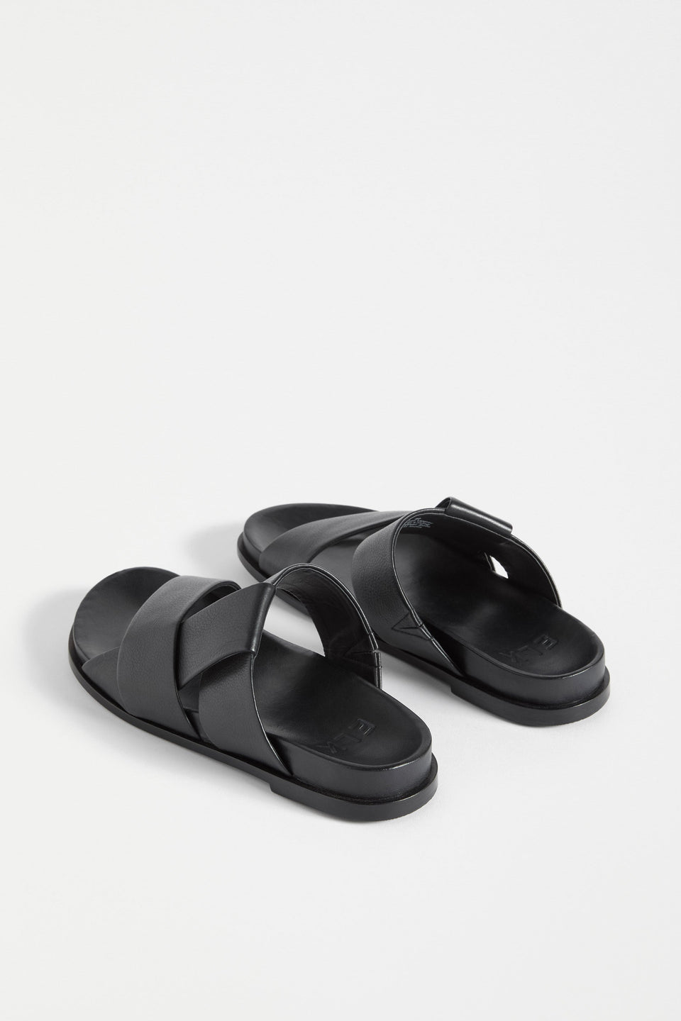 Uma Metallic Leather Cross Strap Slide Angled Back Above | BLACK