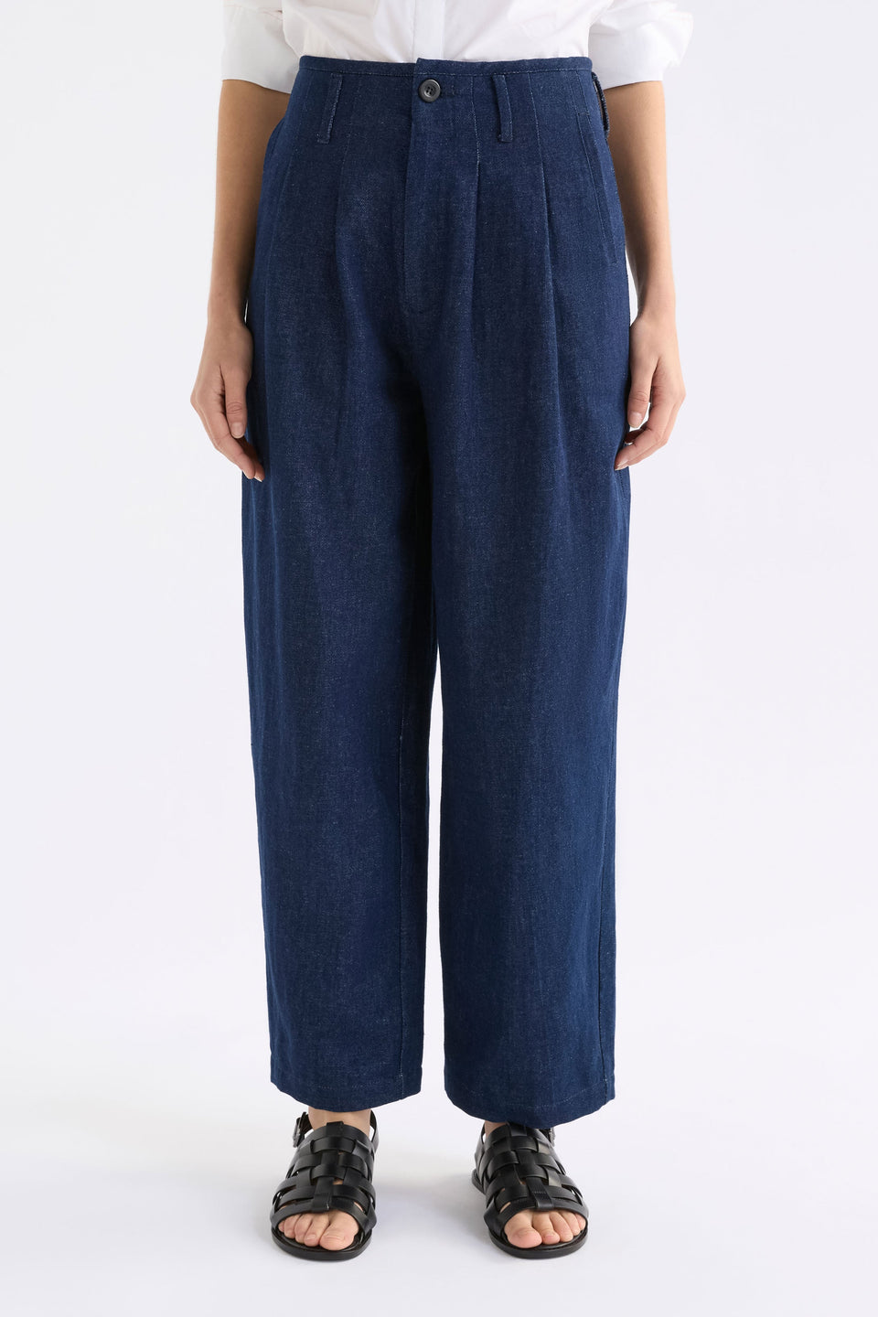 Decla Jean on Model styled with sandals | DARK BLUE WASH