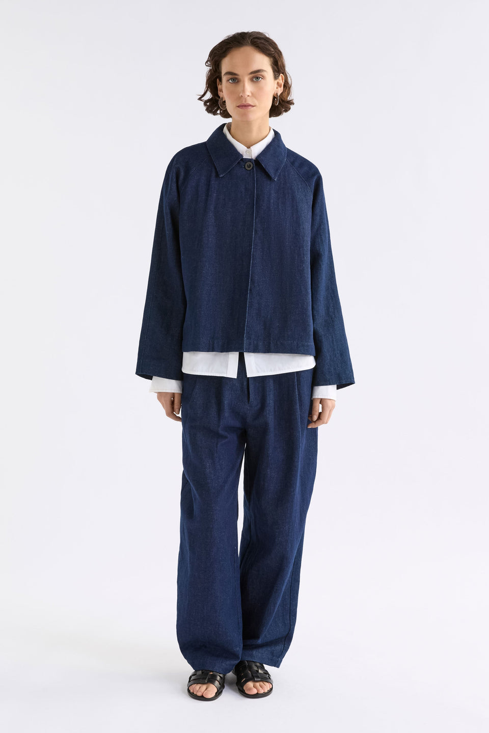 Decla Jean on Model styled with shirt and jacket | DARK BLUE WASH