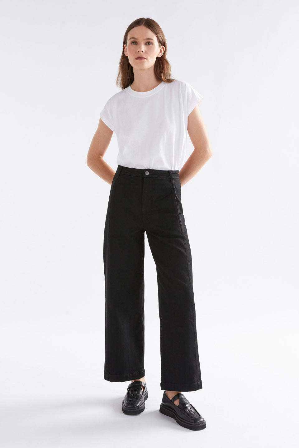 Myes Panelled High Waist Flared Jean Model Front | BLACK