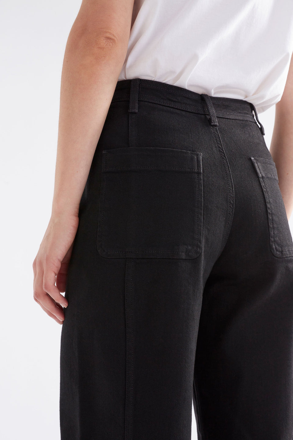 Myes Panelled High Waist Flared Jean Model Back Detail | BLACK