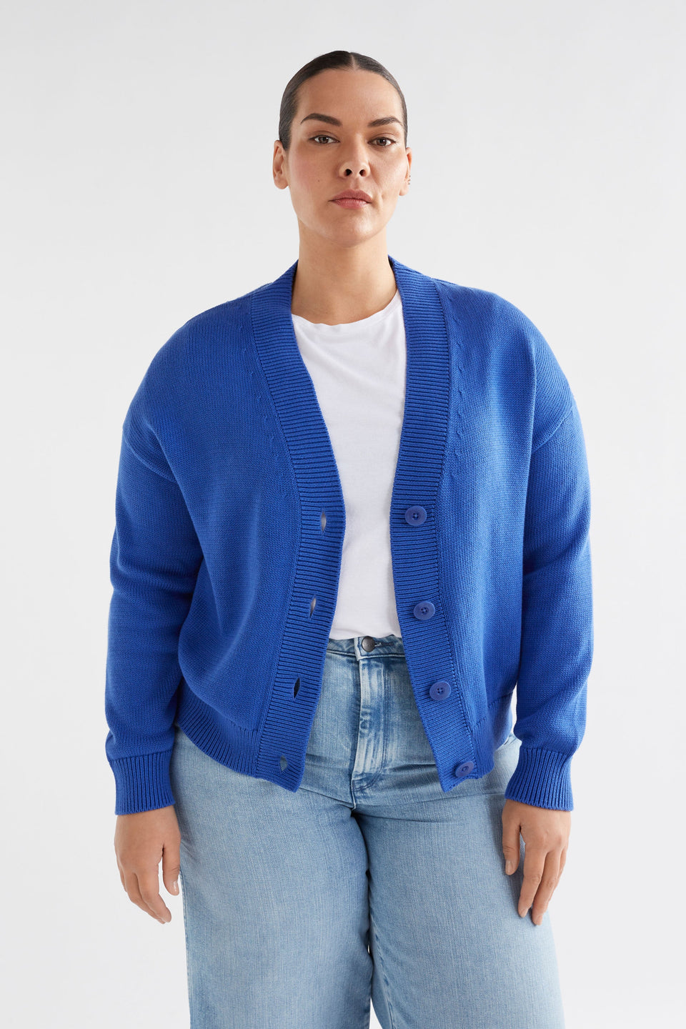 Willow Organic Cotton Everyday Knit Cardigan Model Front | SEA BLUE