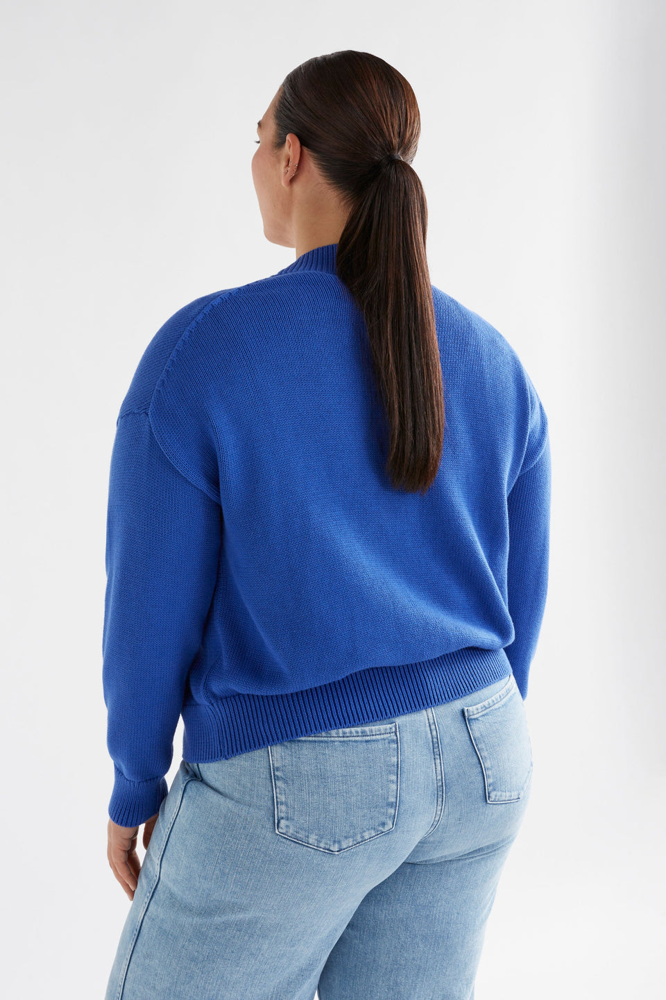 Willow Organic Cotton Everyday Knit Cardigan Model Back | SEA BLUE