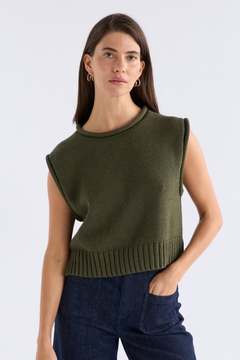 Lunel Organic Cotton Cap Sleeve Rolled Hem Cropped Vest Model Front | KHAKI
