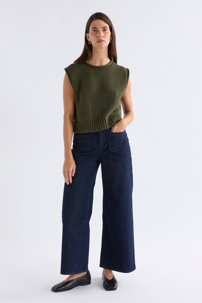 Lunel Organic Cotton Cap Sleeve Rolled Hem Cropped Vest Model Front | KHAKI