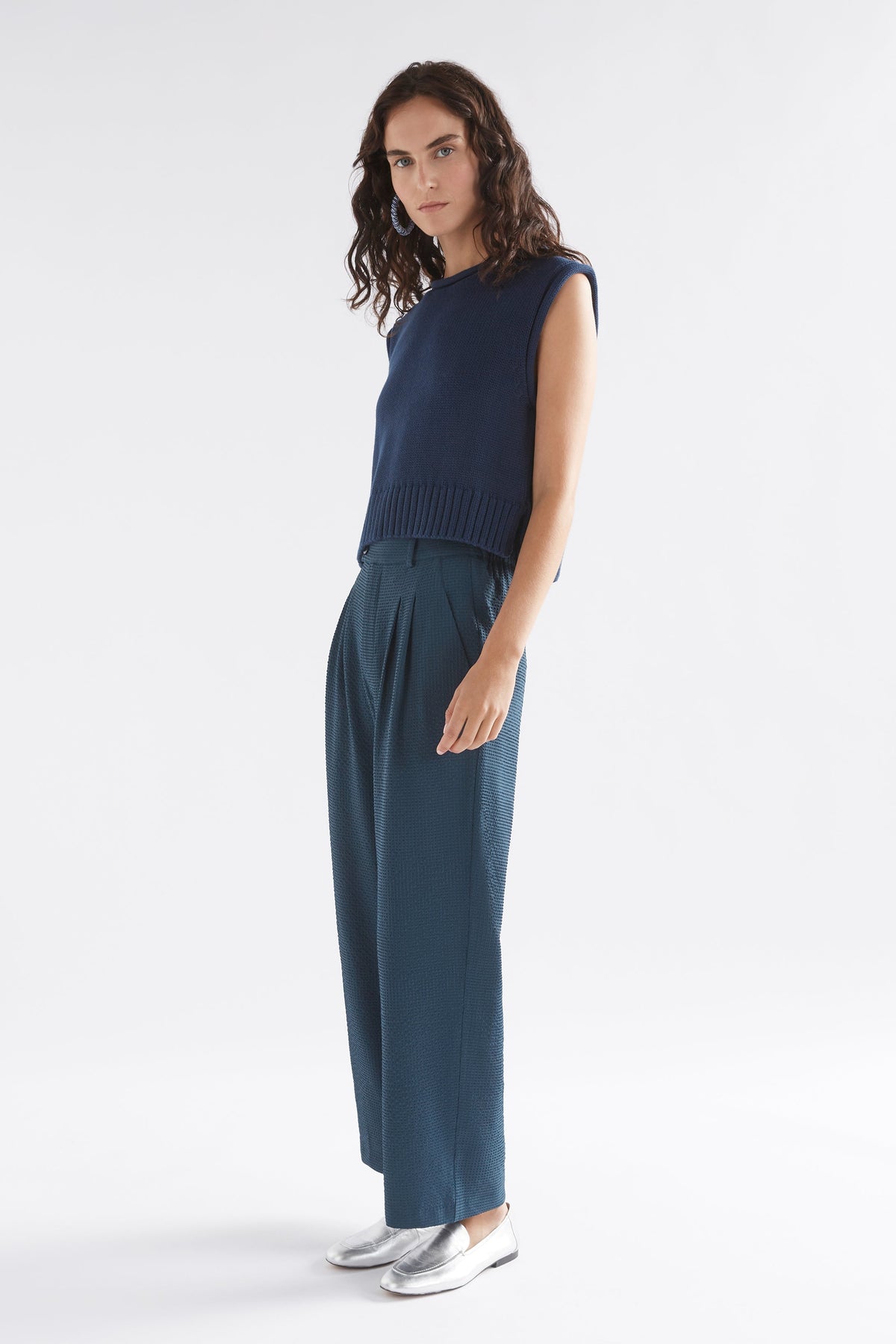 Lunel Organic Cotton Cap Sleeve Rolled Hem Cropped Vest Model Side | DEEP SEA BLUE