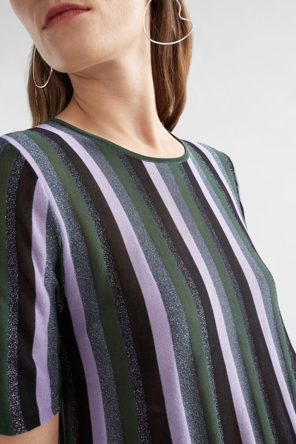 Rik Lurex Metallic Stripe A-line Hem Short Sleeve Knit Top Model Front detail | MULTI METALLIC STRIPE