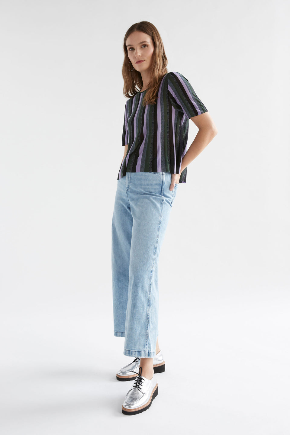 Rik Lurex Metallic Stripe A-line Hem Short Sleeve Knit Top Model Side Full Body | MULTI METALLIC STRIPE
