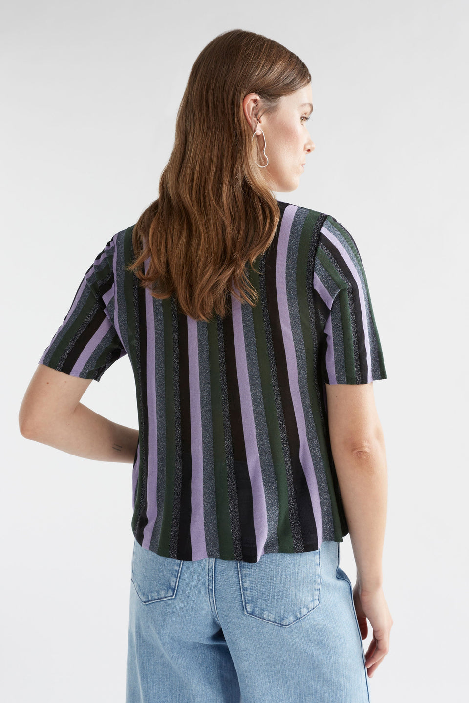Rik Lurex Metallic Stripe A-line Hem Short Sleeve Knit Top Model Back | MULTI METALLIC STRIPE