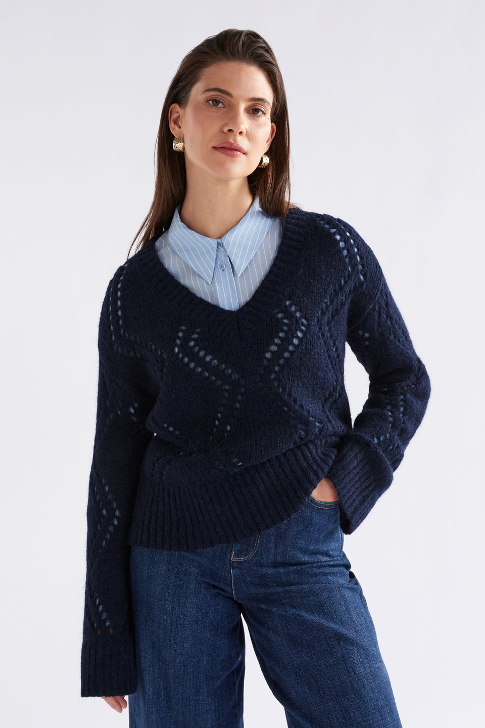 Sirona Argyle Pointelle Knit Sweater Model Front | STEEL BLUE