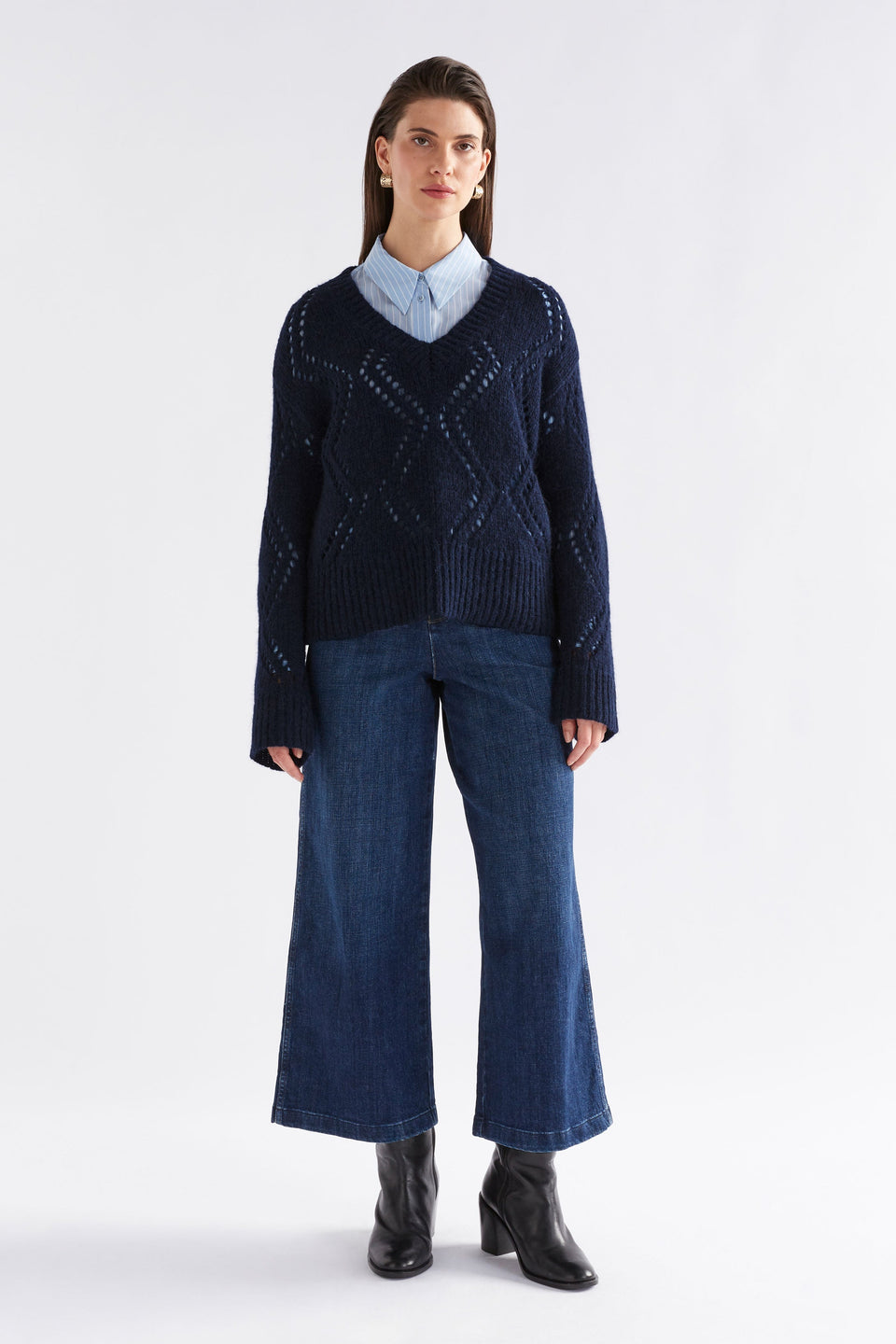 Sirona Argyle Pointelle Knit Sweater Model Front Full Body | STEEL BLUE