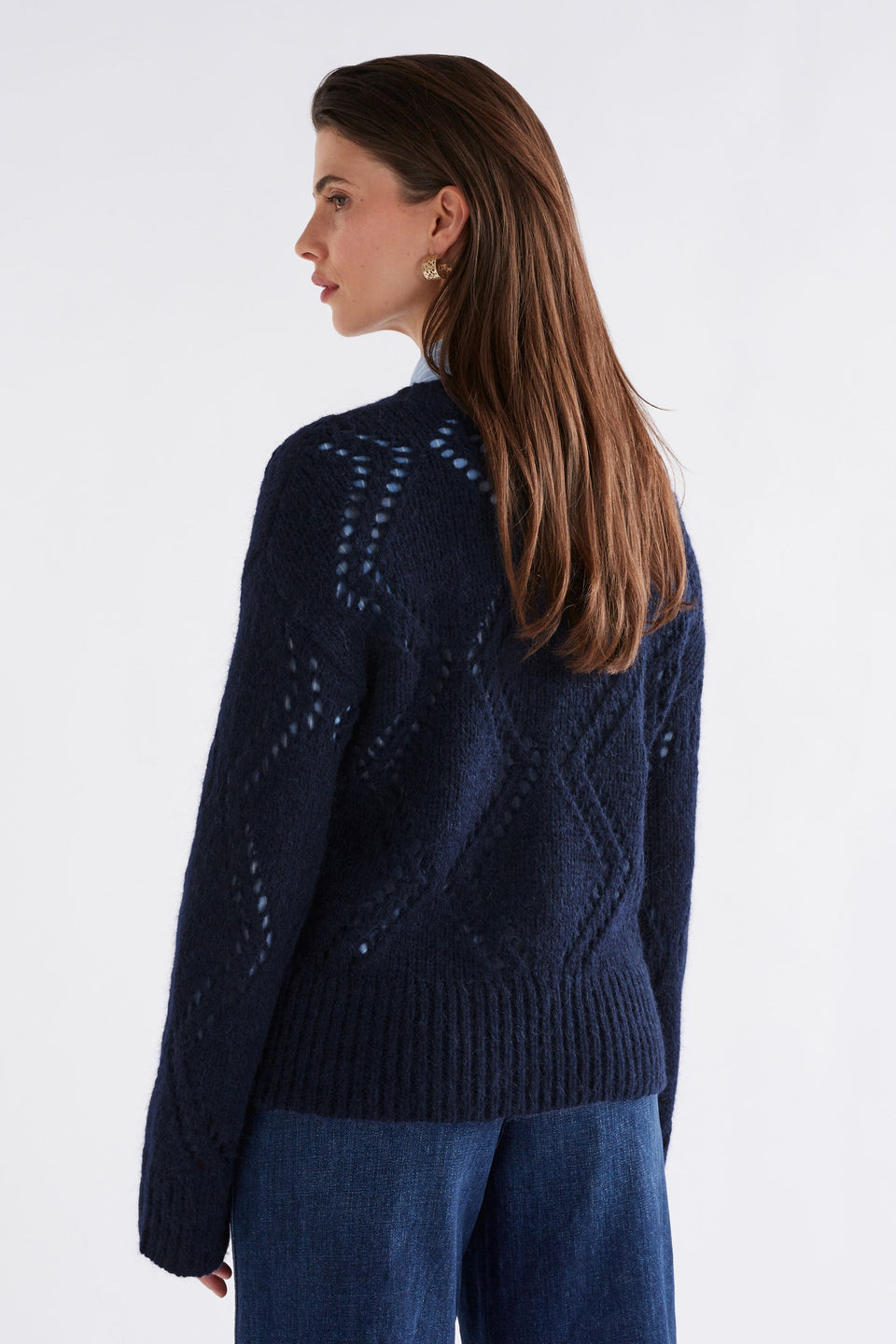 Sirona Argyle Pointelle Knit Sweater Model Back | STEEL BLUE