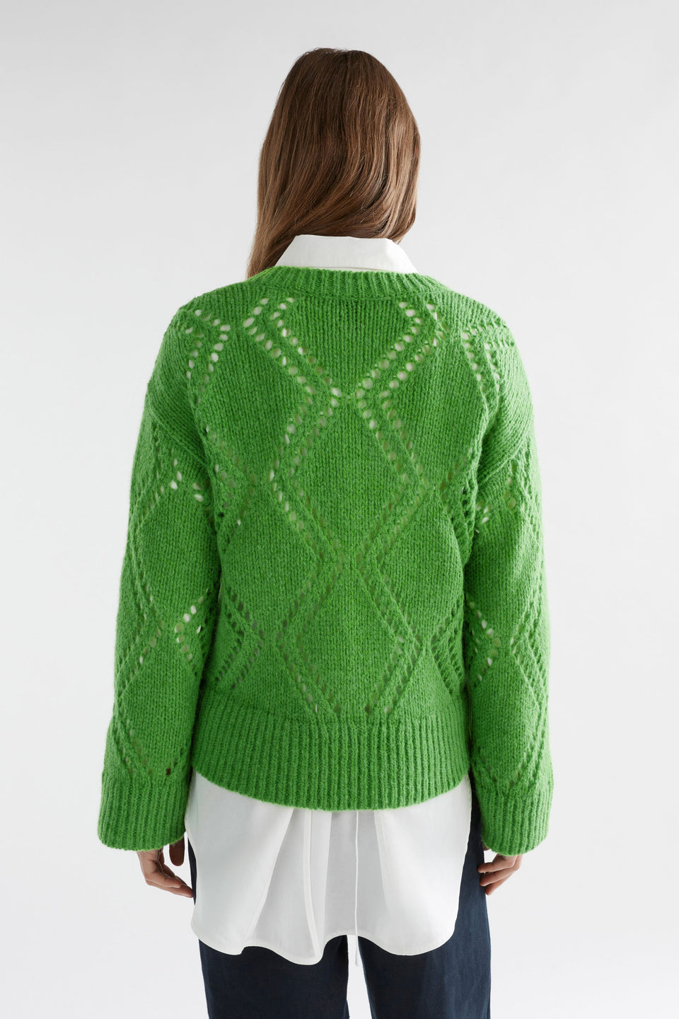 Sirona Argyle Pointelle Knit Sweater Model Back | CELERY GREEN