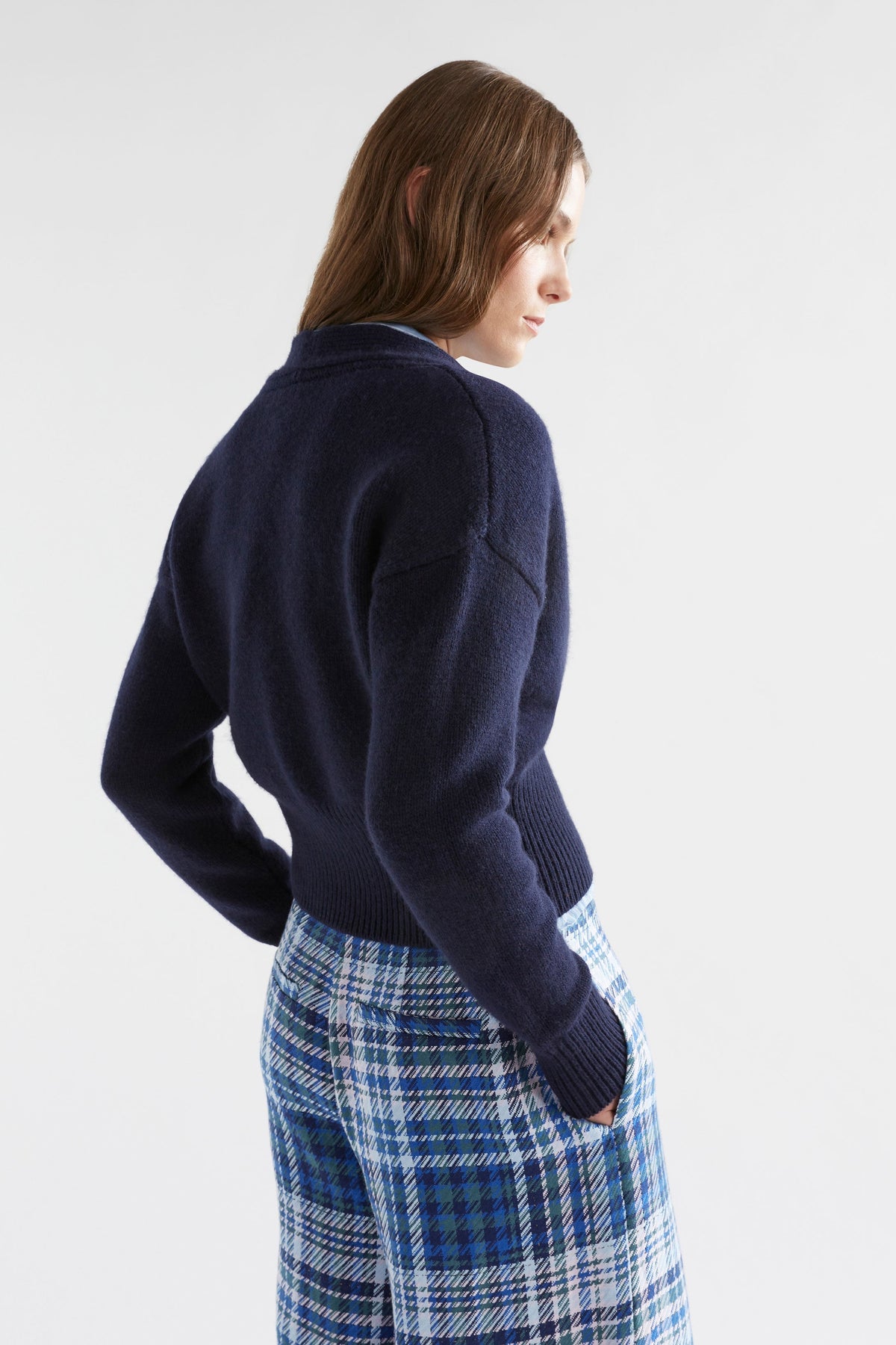 Knytte Double Breasted Organic Cotton and Merino Cropped V-neck Cardigan Model Back| NEW NAVY
