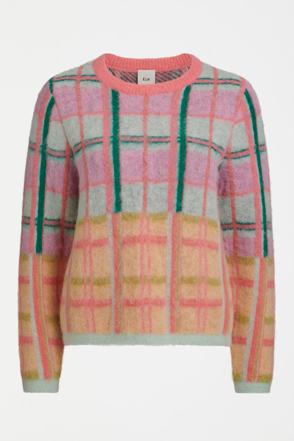 Ostti Alpaca Merino Wool Bold Coloured Check Fluffy Sweater Front | PINK PUNCH CHECK