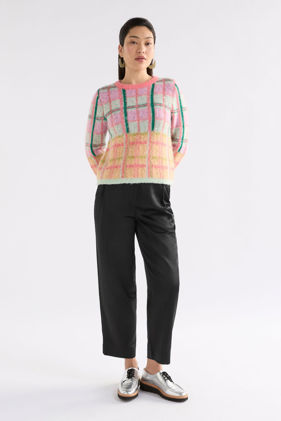 Ostti Alpaca Merino Wool Bold Coloured Check Fluffy Sweater Model Front Full Body | PINK PUNCH CHECK