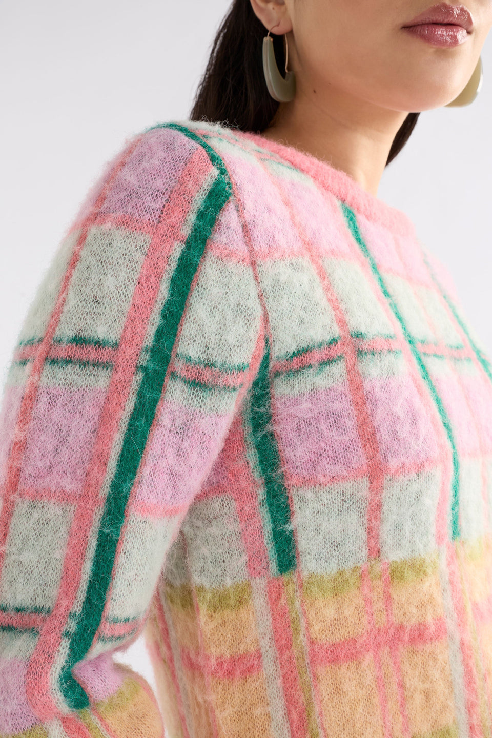 Ostti Alpaca Merino Wool Bold Coloured Check Fluffy Sweater Model Detail | PINK PUNCH CHECK