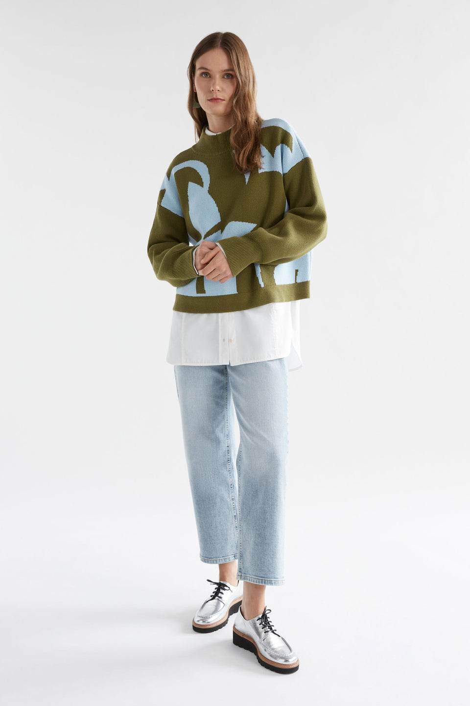 Leben Organic Cotton Jacquard Pattern Funnel Neck Knit Sweater Model Front Full Body | WASHER BLUE ARTICHOKE