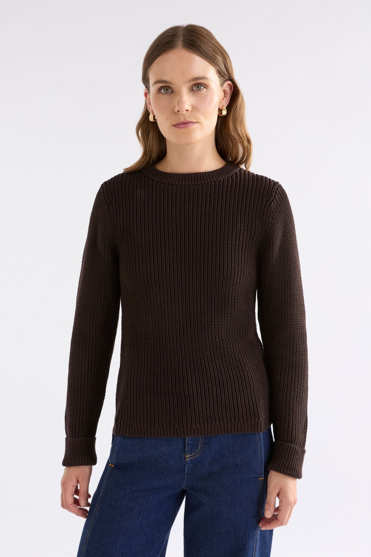 Lohn Organic Cotton Chocolate Brown Fisherman Knit Sweater Model Front | CHESTNUT