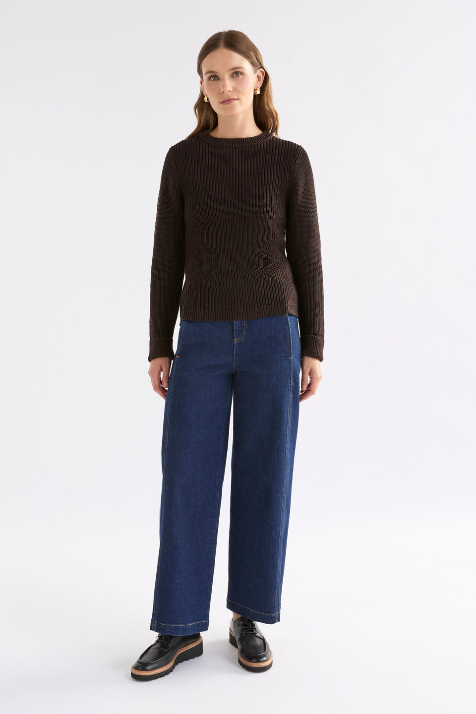 Lohn Organic Cotton Chocolate Brown Fisherman Knit Sweater Model Front Full Body | CHESTNUT