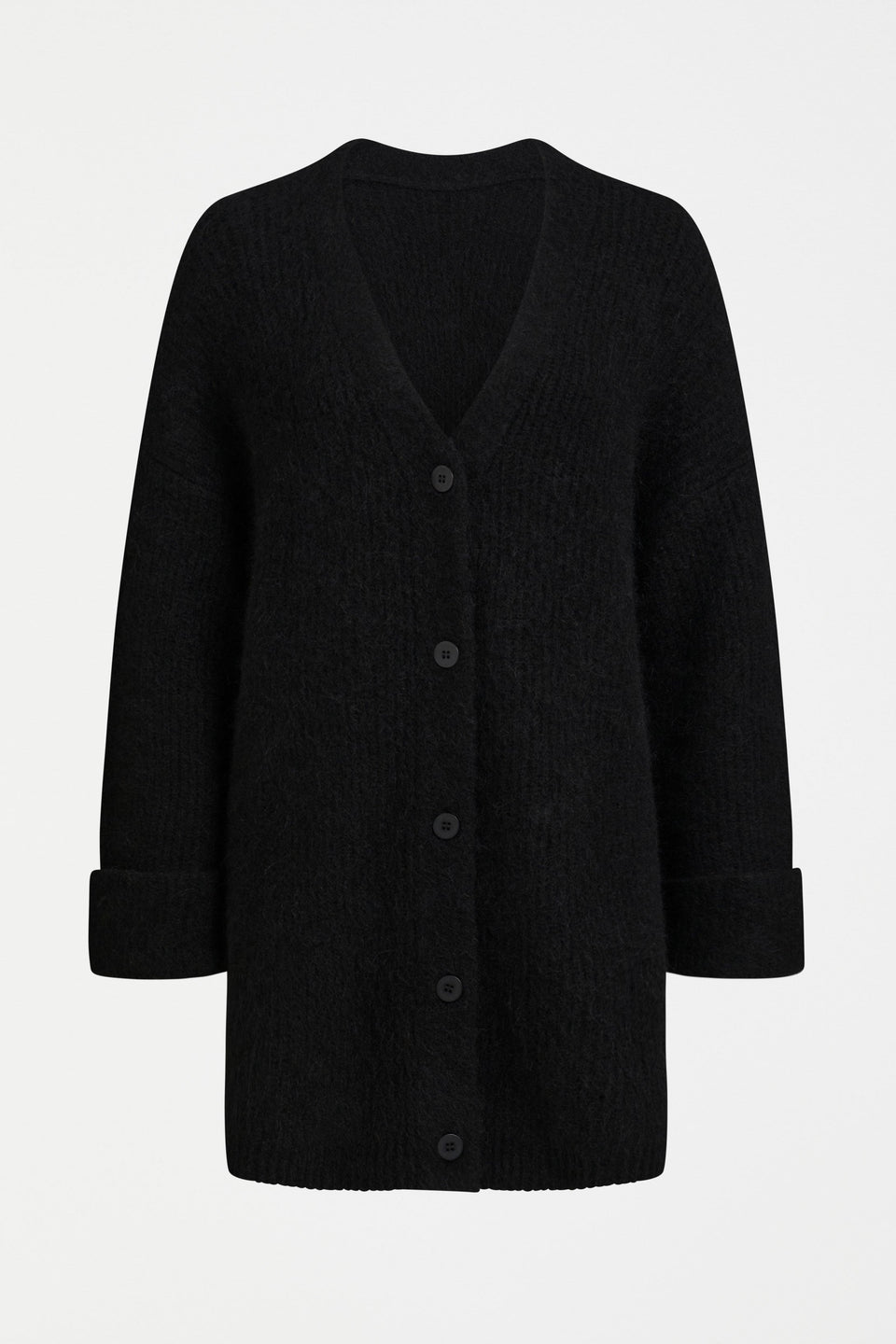 Aila Rib Lightweight Alpaca Merino Wool Long Line Cardigan Front | BLACK