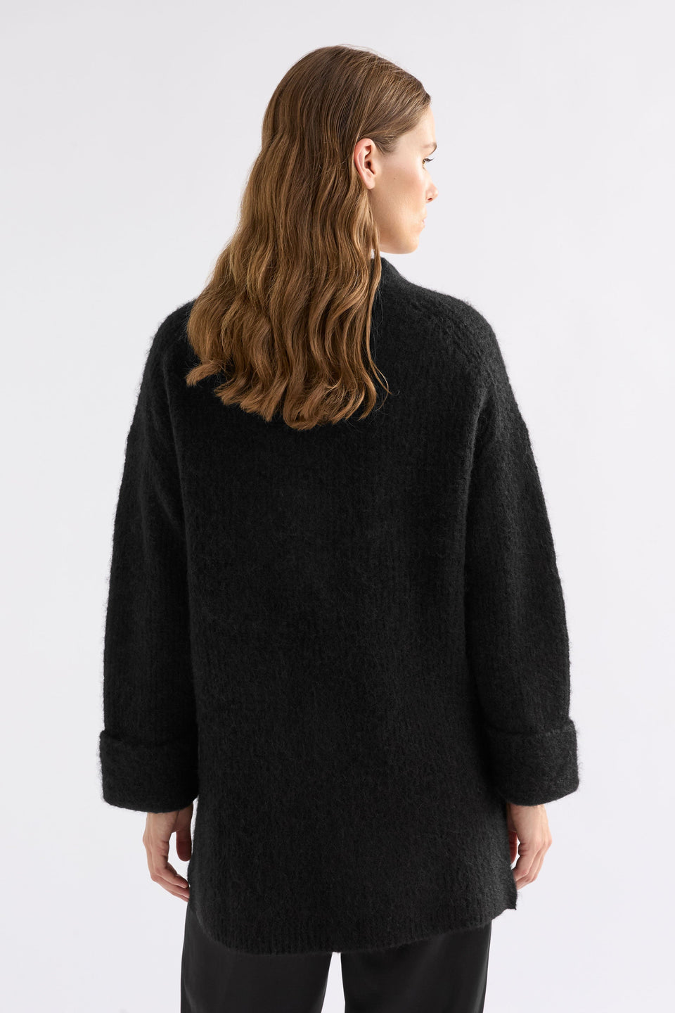 Aila Rib Lightweight Alpaca Merino Wool Long Line Cardigan Model Back | BLACK