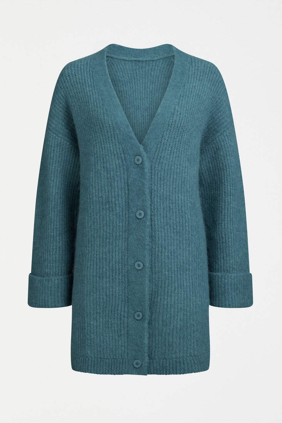 Aila Rib Lightweight Alpaca Merino Wool Long Line Cardigan Front | STONE BLUE